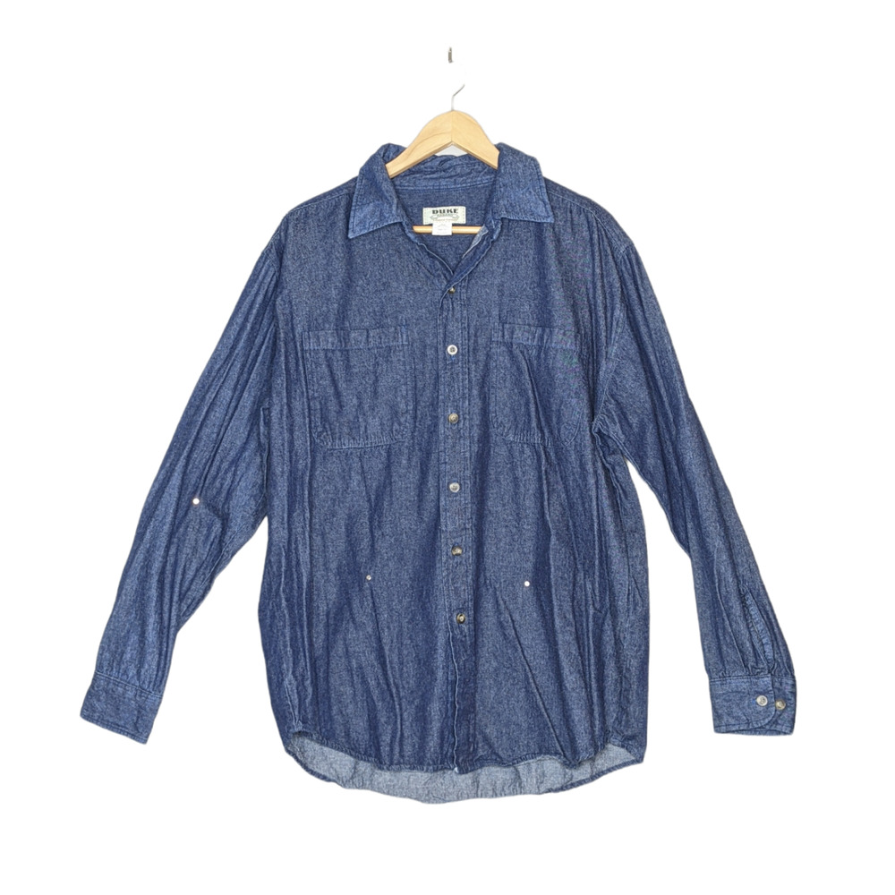 Duke Haband Exclusive 100% Cotton Long Sleeve Blue Denim Button Down Size L
